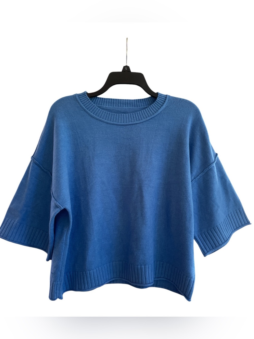 Blue Boxy Knit Sweater Cropped Drop Shoulder Crewneck Pullover Cozy S